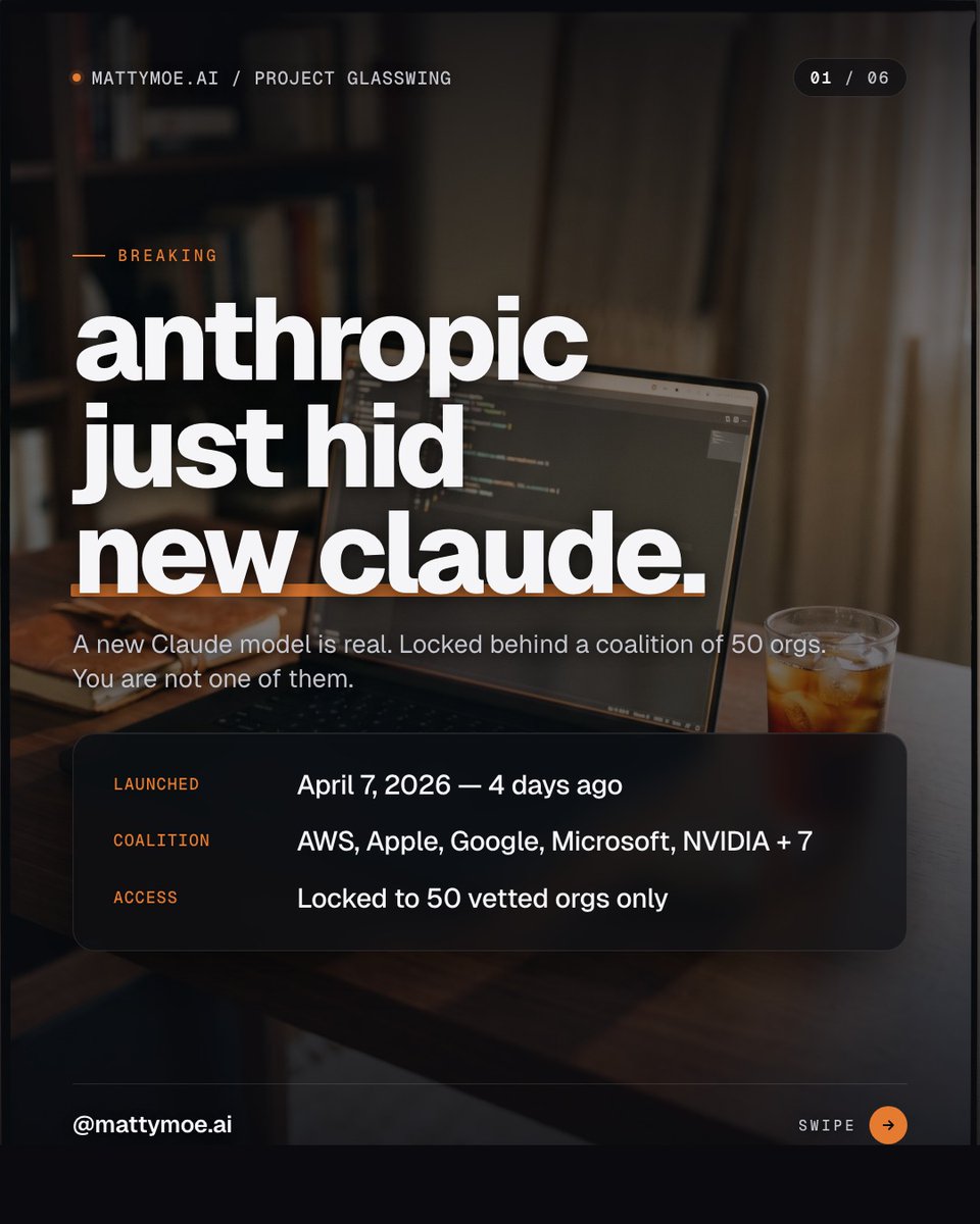 Mattymoeai's tweet photo. anthropic just trained a model stronger than opus 4.6 at every benchmark. then refused to ship it. project glasswing locked mythos preview to 50 vetted orgs. it finds zero-days no human team could. the ship-everything ai era is over. https://t.co/mMb0olmYai