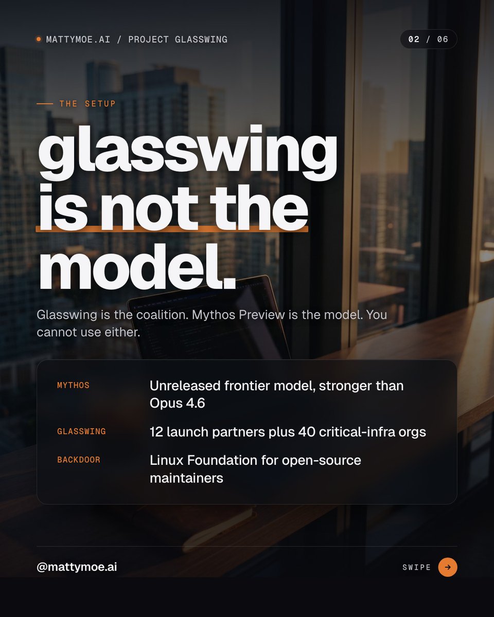 Mattymoeai's tweet photo. anthropic just trained a model stronger than opus 4.6 at every benchmark. then refused to ship it. project glasswing locked mythos preview to 50 vetted orgs. it finds zero-days no human team could. the ship-everything ai era is over. https://t.co/mMb0olmYai