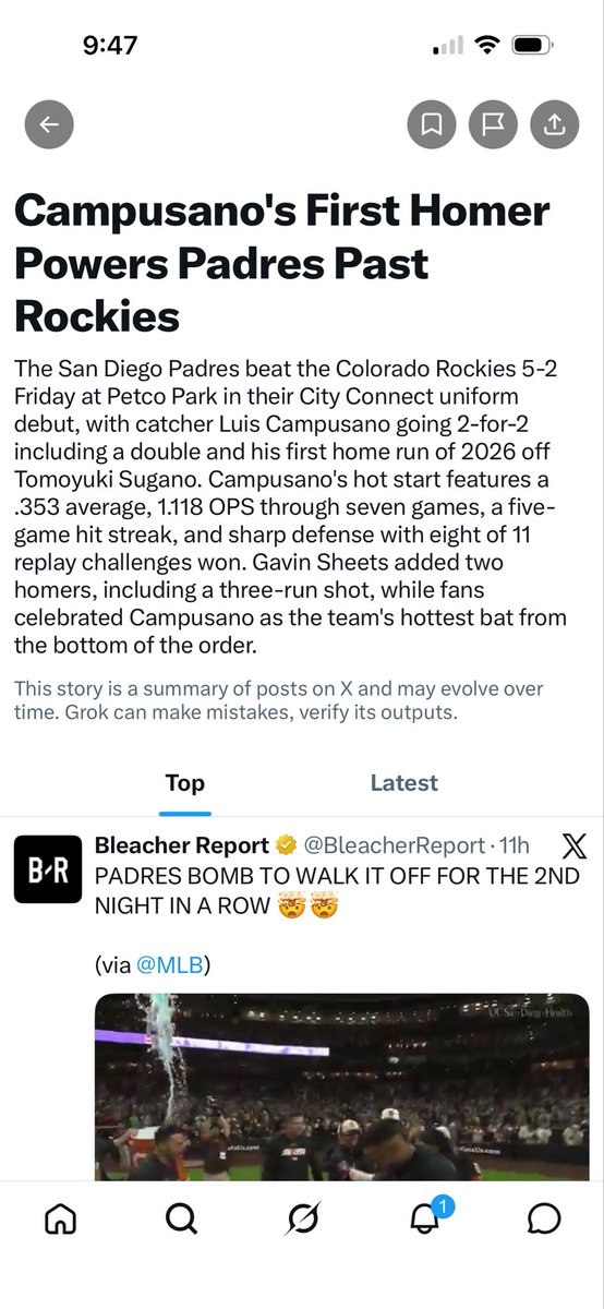 MasonShoultz's tweet photo. Grok needs to sharpen up the lede writing. @padres walk-off on Sheets’ second homer of the game and headline is about a solo homer that wasn’t a deciding factor. https://t.co/1J6sM1MXfF