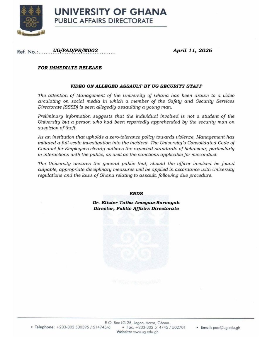 CampusHypeCrew's tweet image. The University of Ghana has issued a statement addressing a viral video alleging assault by a member of its Safety and Security Services Directorate. Management has initiated a full-scale investigation and assures the public that due process will be followed.

#UG