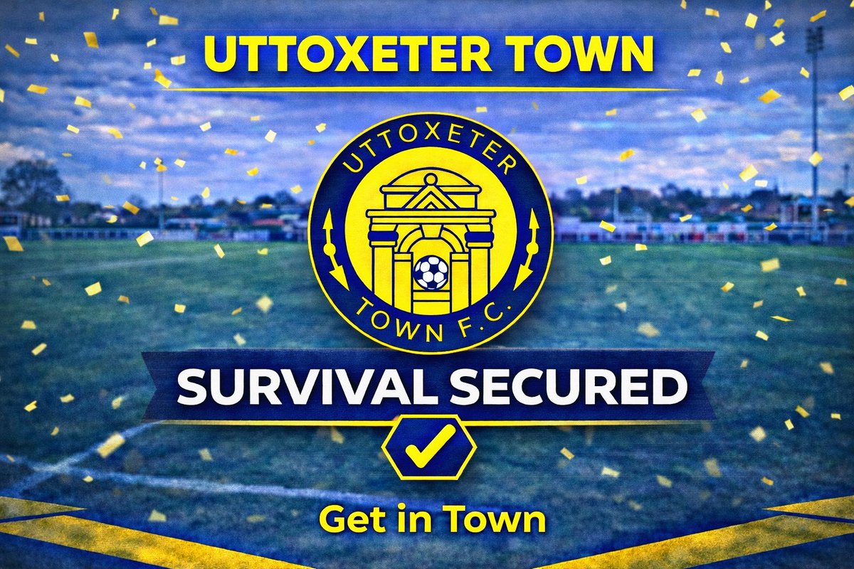 UttoxeterTownFC's tweet photo. FULL TIME: 1-4 
WE HAVE DONE IT! 🟡🔵

Today’s win means Town have AVOIDED RELEGATION on the final day on goal difference. Massive effort from everyone involved.

Get in there!

#UTFC #OurTown https://t.co/b3c0xrtVyq