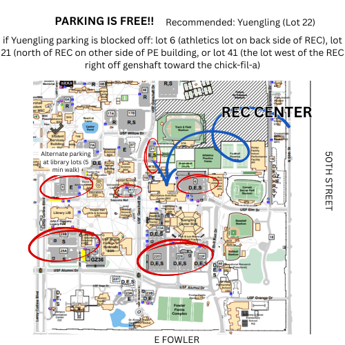 SmashClubAtUSF's tweet photo. PARKING UPDATE: Parking remains free but there's a few other events happening on campus today:

If Yuengling parking is blocked off, try 
- Lot 6 (back side of REC)
- Lot 21 (north of REC, by PE building)
- Lot 41 (west of REC, off Genshaft, near Chik Fil A)
- Library https://t.co/ssGKU2wGVS