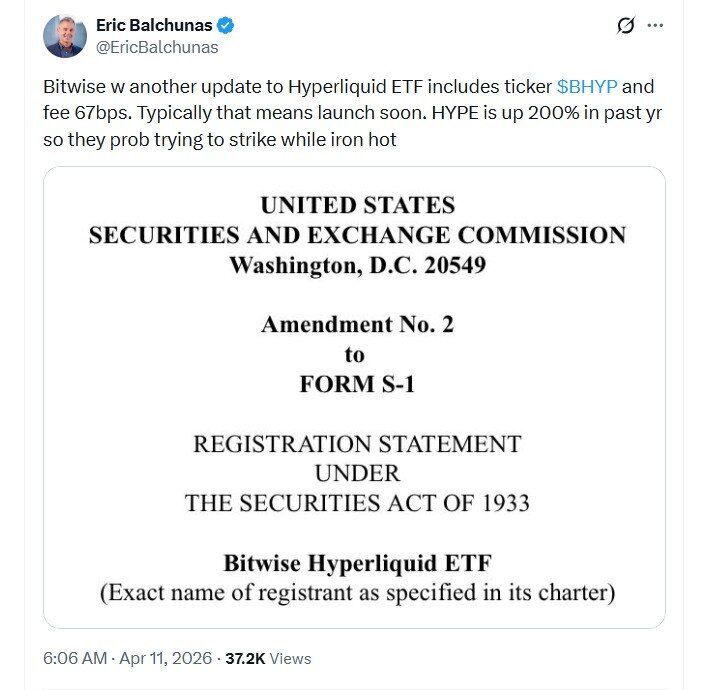 ZygfridS's tweet photo. Bitwise added ticker $BHYP to its Hyperliquid ETF filing, signaling a potential launch soon.

Massive for hyperliquid but so you think the market has been priced in for this news? 

A retracement is a buying opportunity. https://t.co/KJnSPVphRO