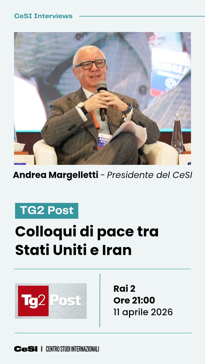 CentroStudiInt's tweet photo. #CeSIInterviews - Stasera @Margelletti, Presidente del CeSI, sarà ospite di @PostTg2 per approfondire i colloqui di pace tra #StatiUniti e #Iran in #Pakistan.

Segui l'intervento in diretta su @RaiDue alle ore 21:00 o riguardalo su https://t.co/f2cdmxiqDt https://t.co/3XV8CWSgfC
