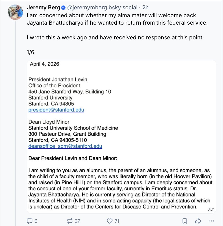 thackerpd's tweet image. Jeremy Berg is now writing to Stanford's leadership to complain about NIH Director Bhattacharya. 

The old troll has completely lost his marbles yet #scicomm writers like NY Times Carl Zimmer and the lost causes at Science Magazine still contact him for quotes. 😅