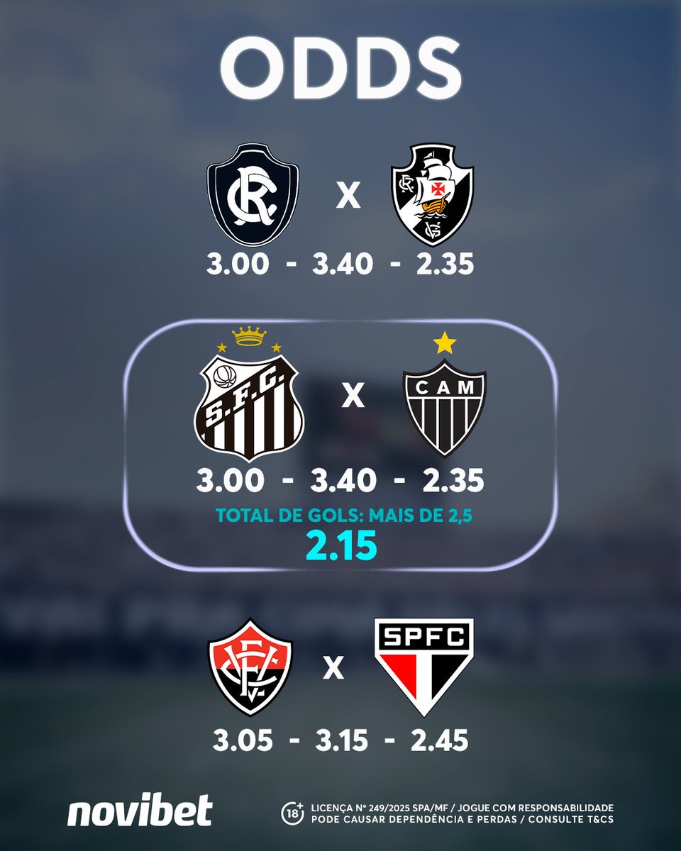 ⚽Hoje é dia de Santos🤍 jogar e ir pra cima deles, em busca dos 3 pontos para avançar no BR e mostrar que AQUI NA VILA, GALO NÃO SE CRIA!!🐔❌

🔗O link para os jogos do BR estão na bio👆
#Bet #Novibet #Futebol #SantosFC #AtléticoMG #GaloNãoVoa