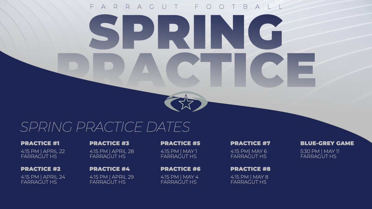 FarragutFB's tweet image. Spring Ball is about to crank up! The annual Blue-Grey game will conclude spring practice on May 11th!!

#GoAds #ELITE 
@G_COURT6 @coachtatefhs20