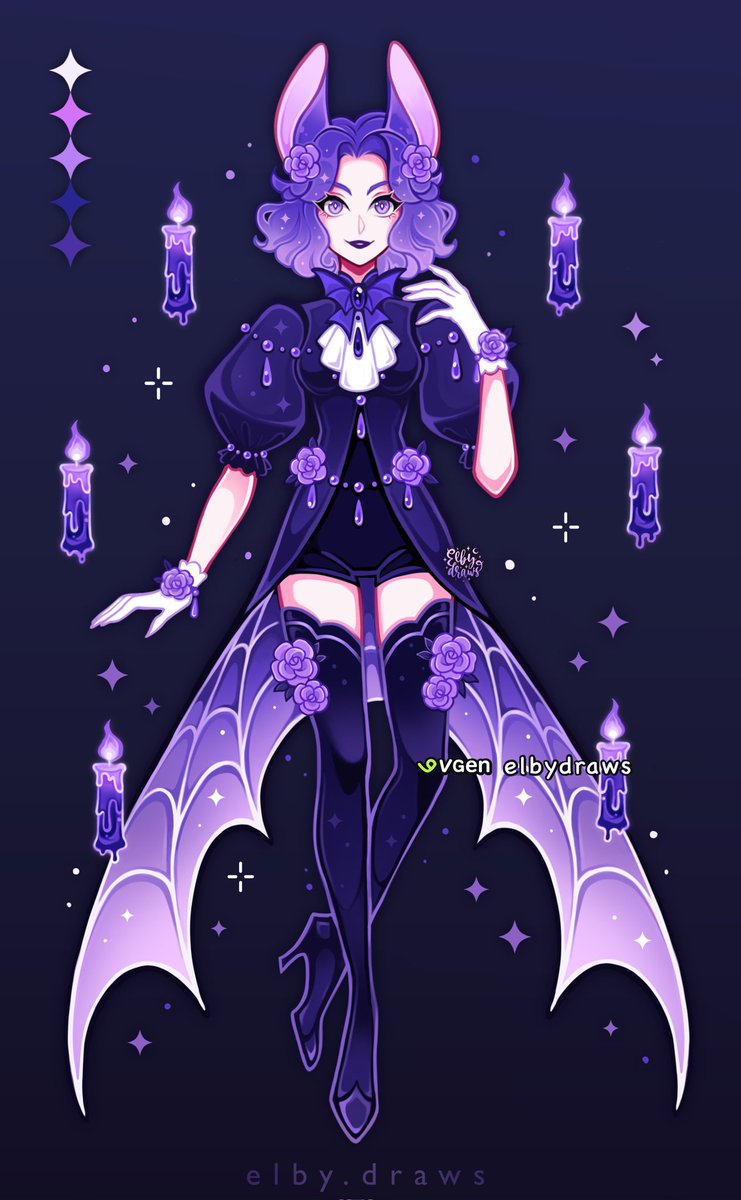 DrawsElby's tweet image. Decided to create some adoptables for the first time with 🦇 and 🌹 themes! 
The unicorn girl already found an owner, but you can still grab the vampire bat lady in my VGen shop. 🖤🦇 #adopts #adoptable