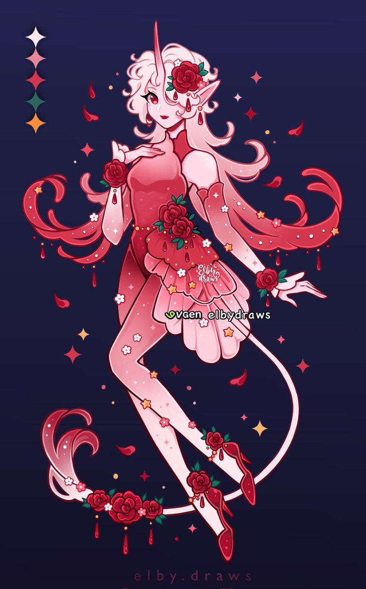 DrawsElby's tweet image. Decided to create some adoptables for the first time with 🦇 and 🌹 themes! 
The unicorn girl already found an owner, but you can still grab the vampire bat lady in my VGen shop. 🖤🦇 #adopts #adoptable