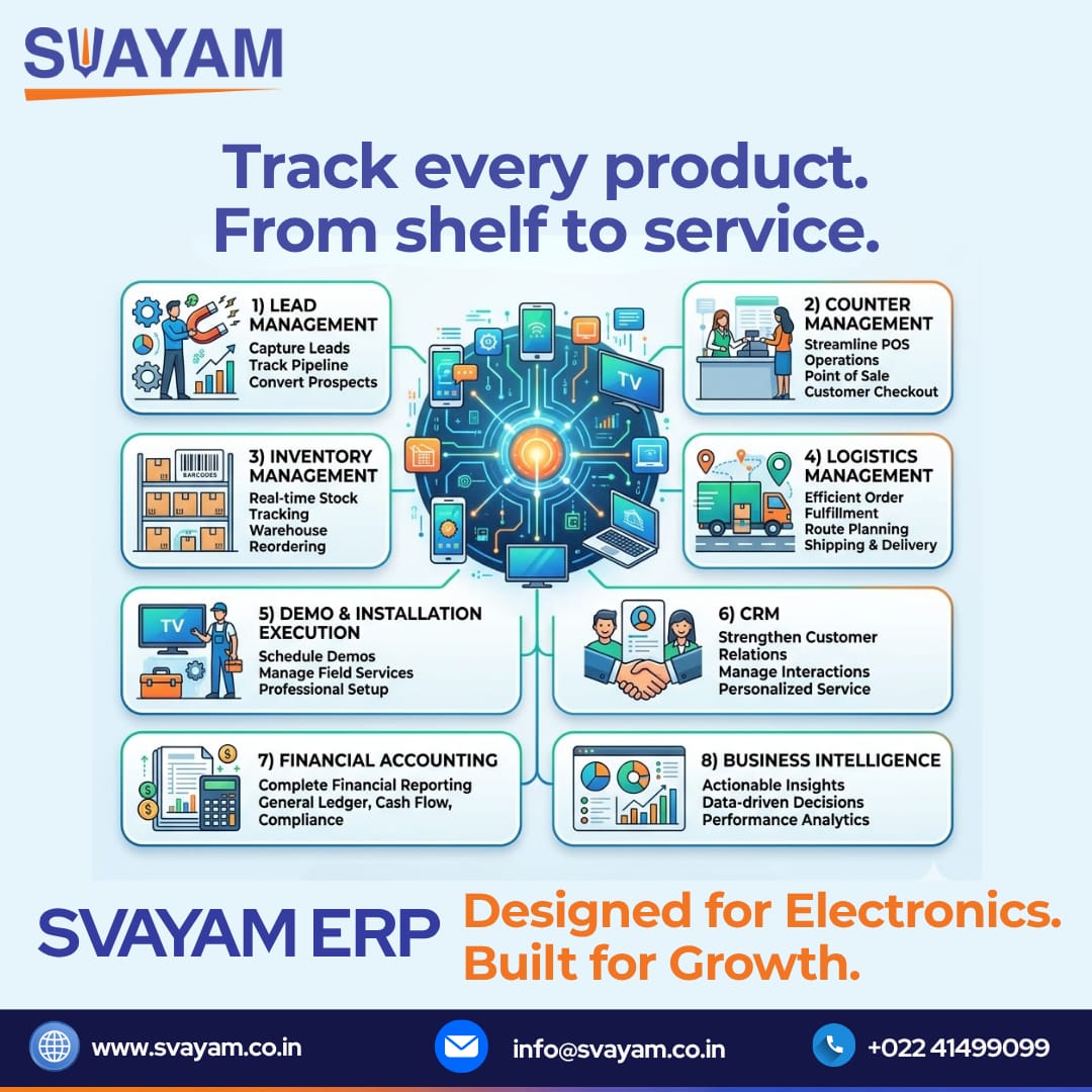 svayamsaas's tweet image. Track every product. From shelf to service.
SVAYAM ERP - Designed for Electronics. Built for Growth.
svayam.co.in | info@svayam.co.in
+022 41499099
.
.
.
#SvayamERP #ElectronicsBusiness #BusinessManagement #ERPForElectronics #SmartSolutions #InventoryControl