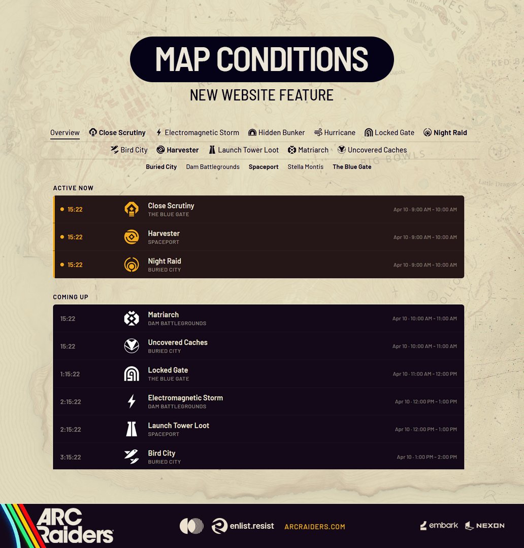 ArcRaidersNow's tweet image. #ARCRaiders just dropped a live Map Conditions tracker 👀

 arcraiders.com/map-conditions