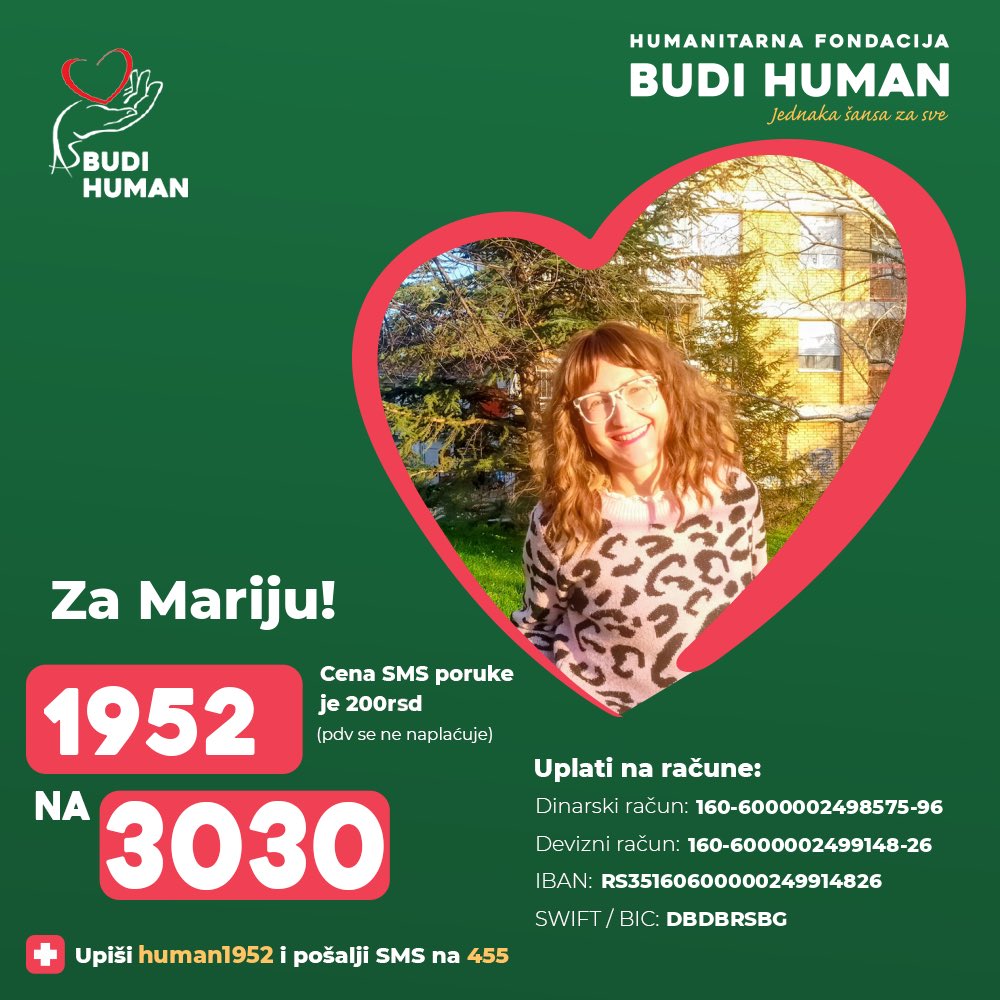 budihuman's tweet image. Pomozimo Mariji!

Upišimo 1952 i pošaljimo SMS na 3030

budihuman.rs/korisnik/1952/…

#budihuman #jednakašansazasve #podeli #marijakozić