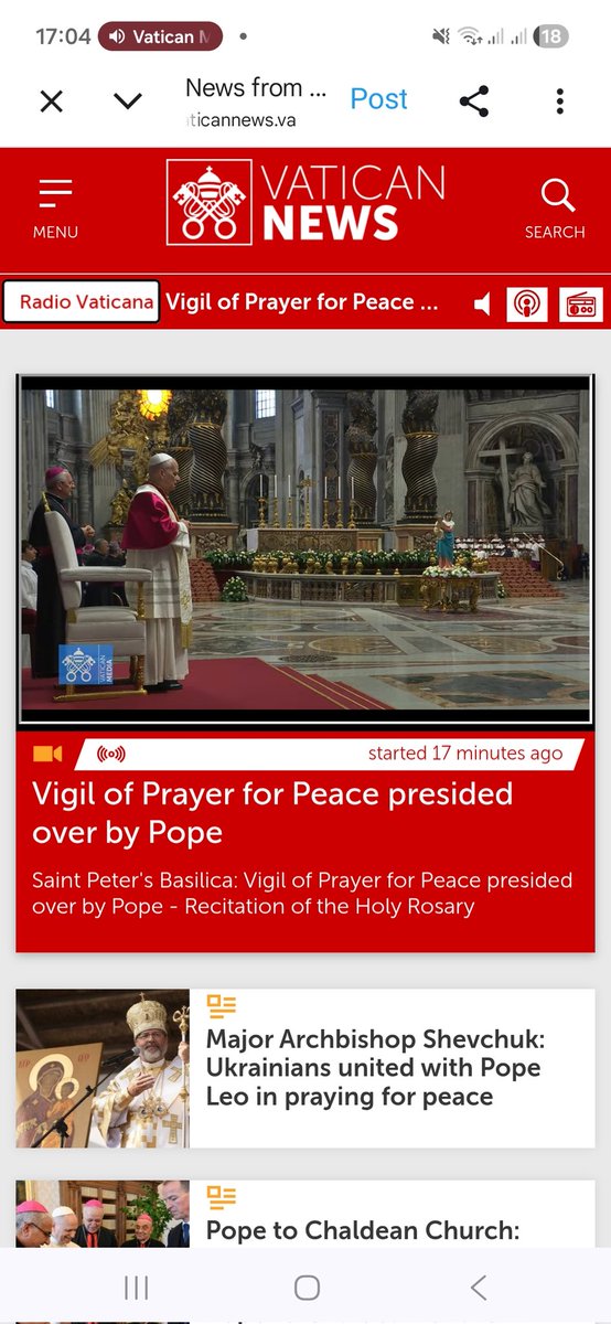 The prayer vigil for world peace has just begun, live from Rome. 5pm UK time. Join it if you are able to.