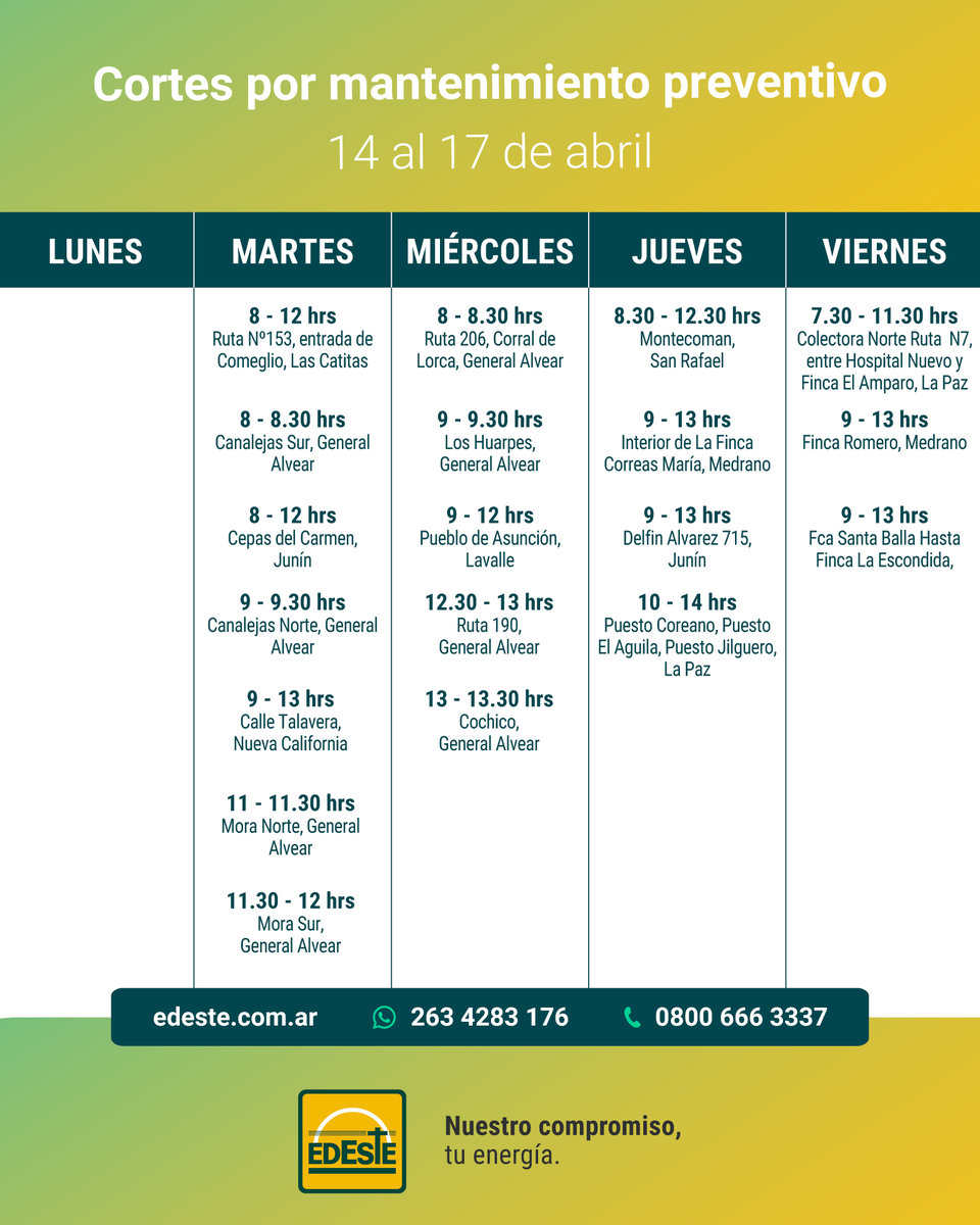 Edeste_mza's tweet photo. Buenas tardes! Les informamos los cortes programados para la semana que viene por razones de mantenimiento y mejoras del servicio ⚡️⚡️⚡️ https://t.co/zaNPTHymxE