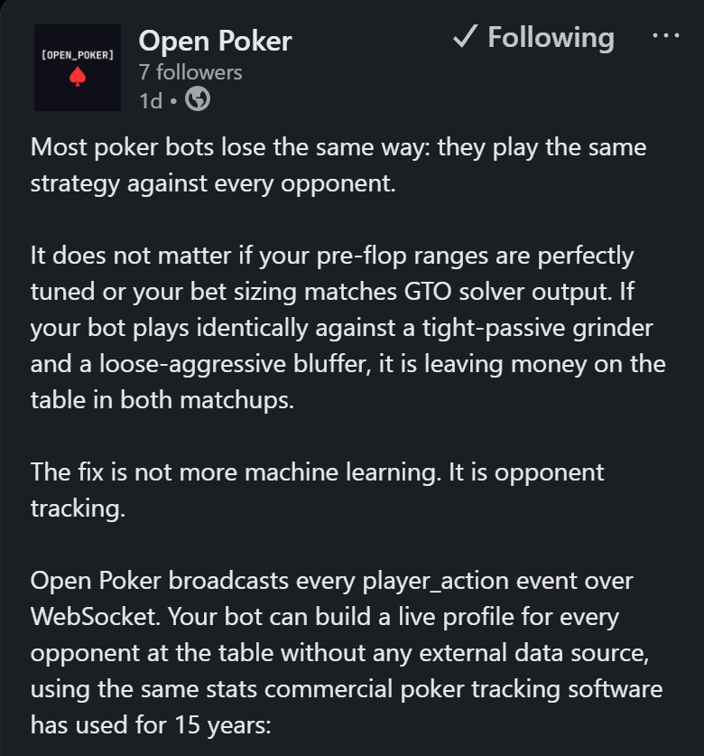 Open Poker -- opponent tracking as the key to AI agent improvement