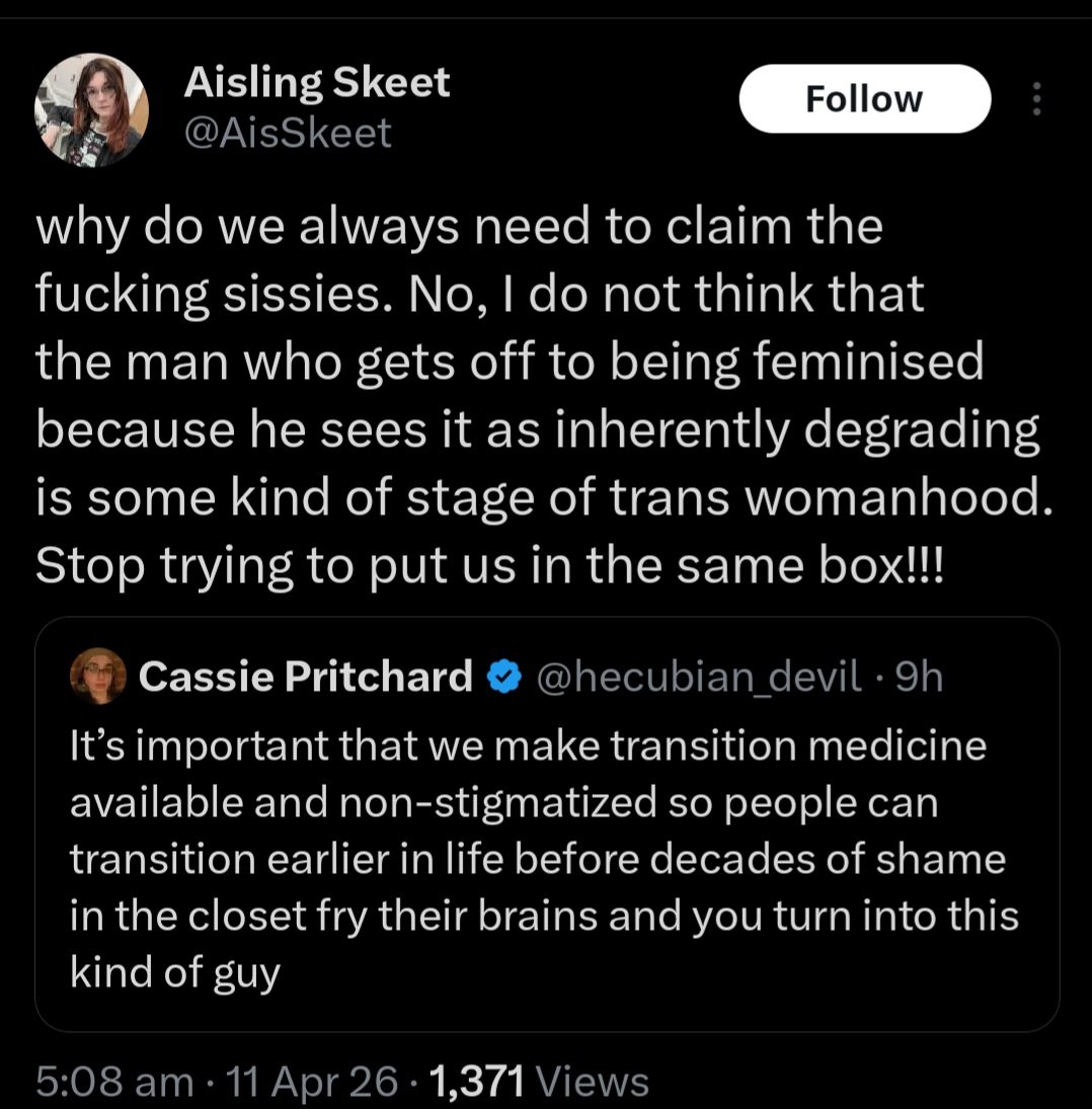 beechwirth's tweet photo. The absolutely hilarious irony at agp trannnies not wanting to be force teamed with sissy agp trannnies - you're all the same... No T without the Sissy T https://t.co/GiXtxVgjIR