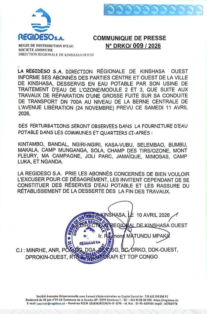 #Kinshasa : Perturbation de la desserte en eau ce samedi
La <a href="/RegidesoSA_rdc/">Regideso S.A.</a> annonce des travaux de réparation sur l’avenue Libération. 8 communes concernées (Bandal, Kintambo, Kasa-Vubu, etc.).
💧 Pensez à constituer des réserves. Rétablissement dès la fin des travaux.
#RDC #Eau