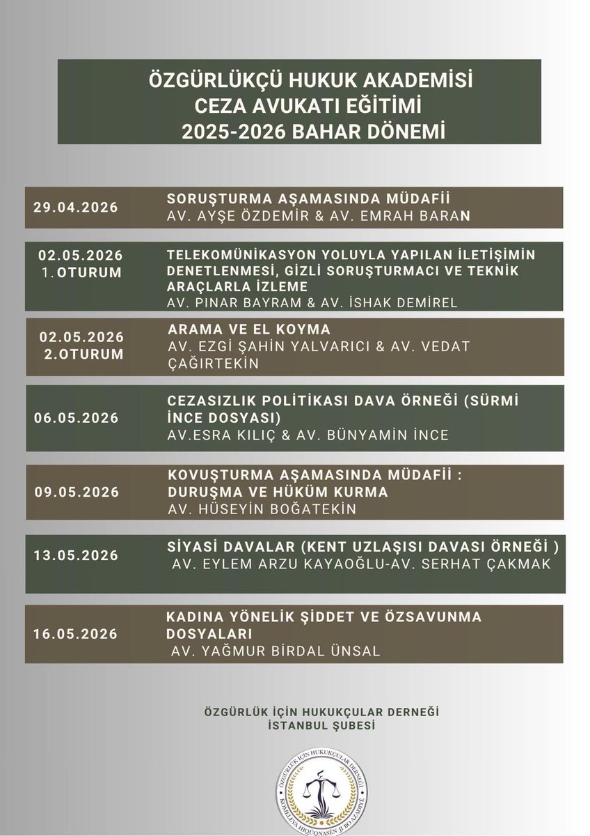 📢 Özgürlükçü Hukuk Akademisi’nin 2025-2026 Bahar Dönemi Ceza Avukatı Eğitimleri başlıyor.

📌 Özgürlükçü Hukuk Akademisi eğitimlerimiz hukuk fakültesi öğrencileri ile stj. avukatlara yöneliktir.  

📌 Katılımcılara eğitim sertifikası takdim edilecektir.

📍Özgürlükçü Hukuk