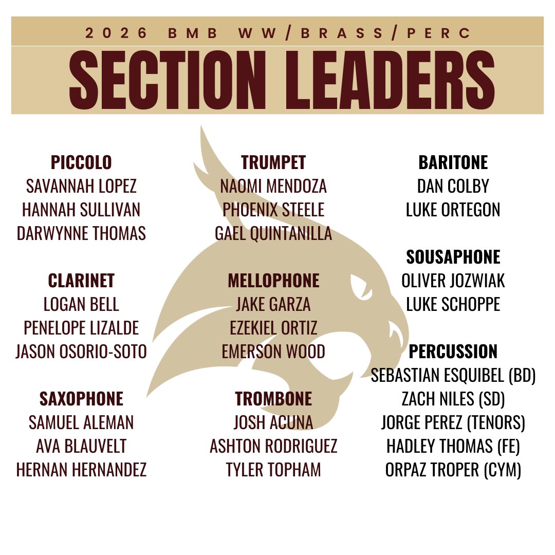 txstbmb's tweet photo. Congrats to our 2026 BMB drum majors &amp; section leaders! https://t.co/0PiKv6SqDE