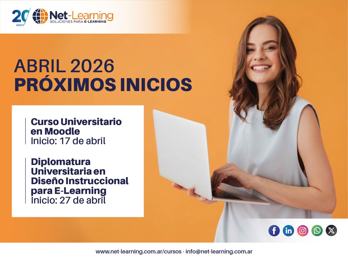 netlearning20's tweet image. 📣 Abril llega con nuevos inicios en e-learning
🎓 Curso Universitario en Moodle. Inicia el 17 de abril.
🎓 Diplomatura en Diseño Instruccional para E-Learning. Inicia el 27 de abril.
Con certificación universitaria UTN.BA
🔗 net-learning.com.ar/cursos/
#eLearning