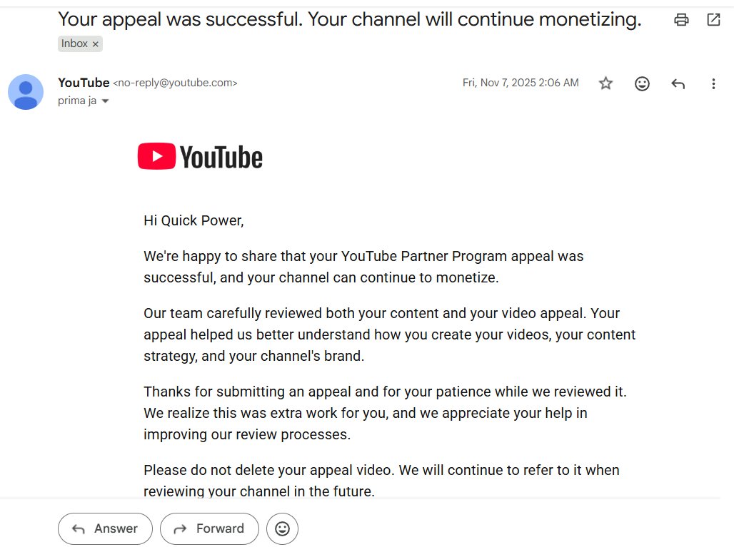 quickpower_'s tweet photo. @TeamYouTube My channel was terminated for "Spam, deceptive practices" by mistake. I passed a manual Video Appeal on Nov 7, 2025, and was approved (see attached). I haven't changed my methods. Please perform a manual review of this automated error.

URL: https://t.co/Kq6pIhlqHf https://t.co/V4gWhrpYGV