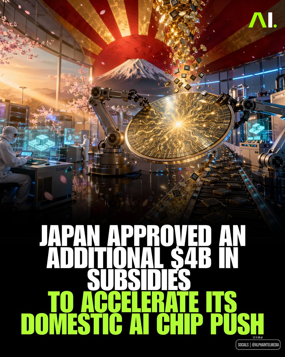 AlphaIntelMedia's tweet photo. 🇯🇵 NEW: Japan approved an additional $4B in subsidies to accelerate its domestic AI chip push. https://t.co/rNZgHh7For