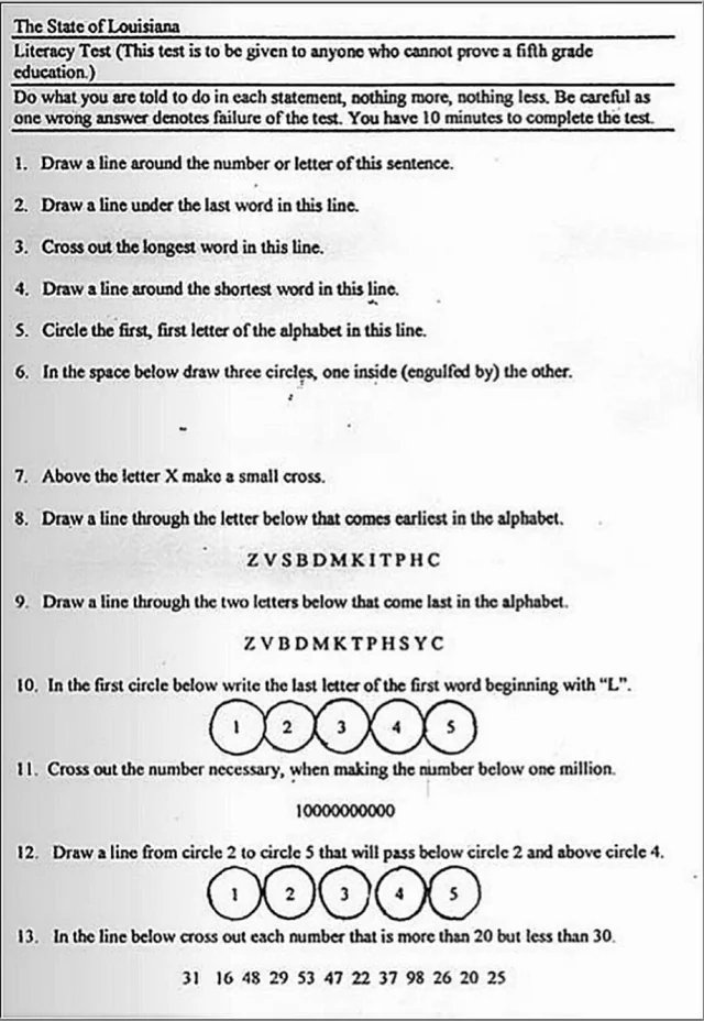 Prueba de alfabetización que se aplicaba a los afroamericanos como requisito previo para poder votar durante el apogeo de la segregación racial de Jim Crow. La prueba estaba diseñada para que fuera imposible de aprobar. (Década de 1960).

Las leyes de Jim Crow fueron un sistema