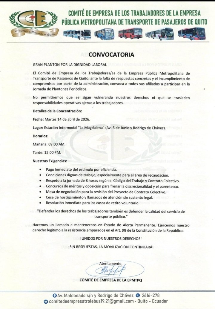 Nada funciona bien en <a href="/MunicipioQuito/">Municipio de Quito</a> dónde denuncian explotación laboral al máximo. Ojo <a href="/MinTrabajoEc/">Ministerio del Trabajo Ecuador 🇪🇨</a>  La cosa es tan grave que harán plantón contra alcalde el martes. La peor alcaldía de todos los tiempos. Sistemas que no funcionan. Cobros indebidos. Abusos. Todo está mal.