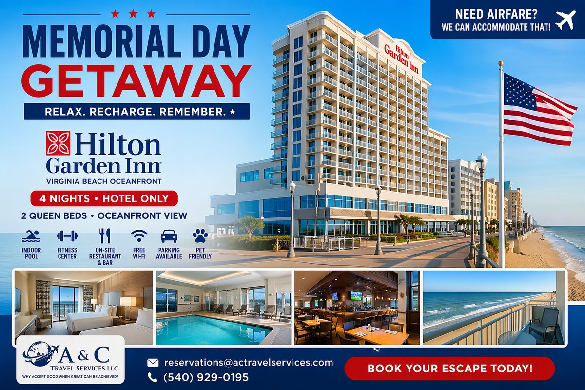 ACTRAVELSERVICE's tweet image. Memorial Day Getaway! 🌊
Stay at Hilton Garden Inn Virginia Beach Oceanfront

🏨 4 Nights | Oceanfront Room
📍 Boardwalk Location

Hotel Only – Need flights? We got you!

📩 reservations@actravelservices.com

📱 (540) 929-0195

#MemorialDay #TravelDeals #VirginiaBeach