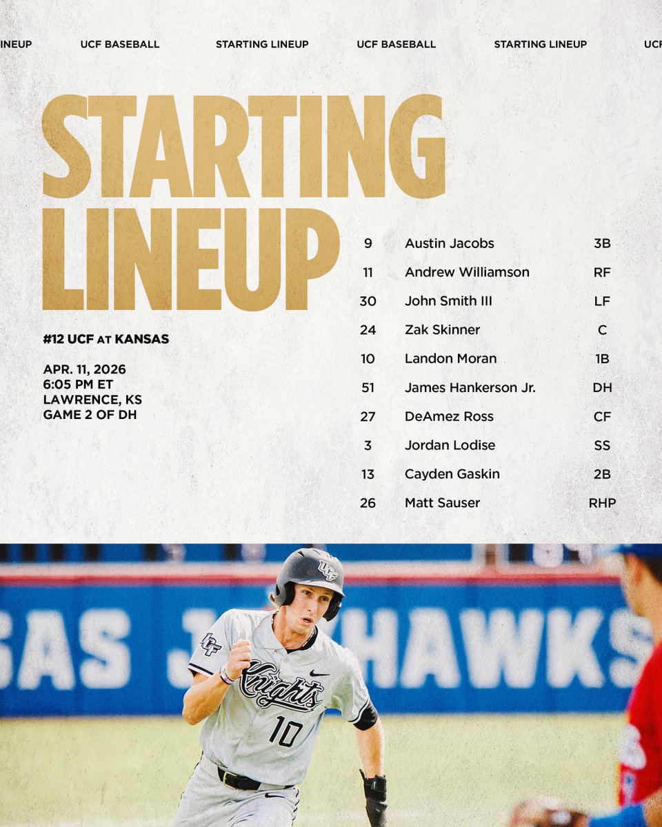 UCF_Baseball's tweet photo. The lineup for the nightcap ⚔️
🔗 https://t.co/t2jthmHgqS https://t.co/kGe4lBu8Py