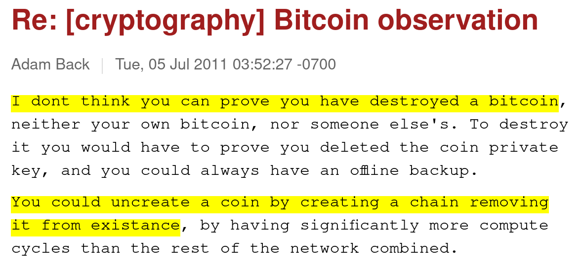 shesek's tweet photo. In his 2011 emails, @adam3us apparently:

- Didn't know Script exists
- Didn't know about the H in P2PKH
- Thought the only way to destroy BTC is forking the chain to rewrite history
- Suggested a miner-dictated randomness beacon that doesn't leverage blockhashes

(More in🧵) https://t.co/G0b4OkolAy