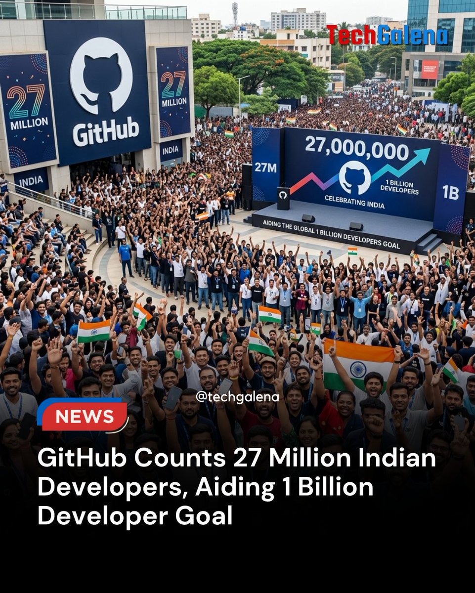 techgalena's tweet photo. GitHub reports over 27 million developers from India, playing a massive role in the global push toward 1 billion developers 🌍🔥

From late-night debugging to building the next big startup — India is not just participating, it’s leading the future of tech. https://t.co/UsvW2ejzrm