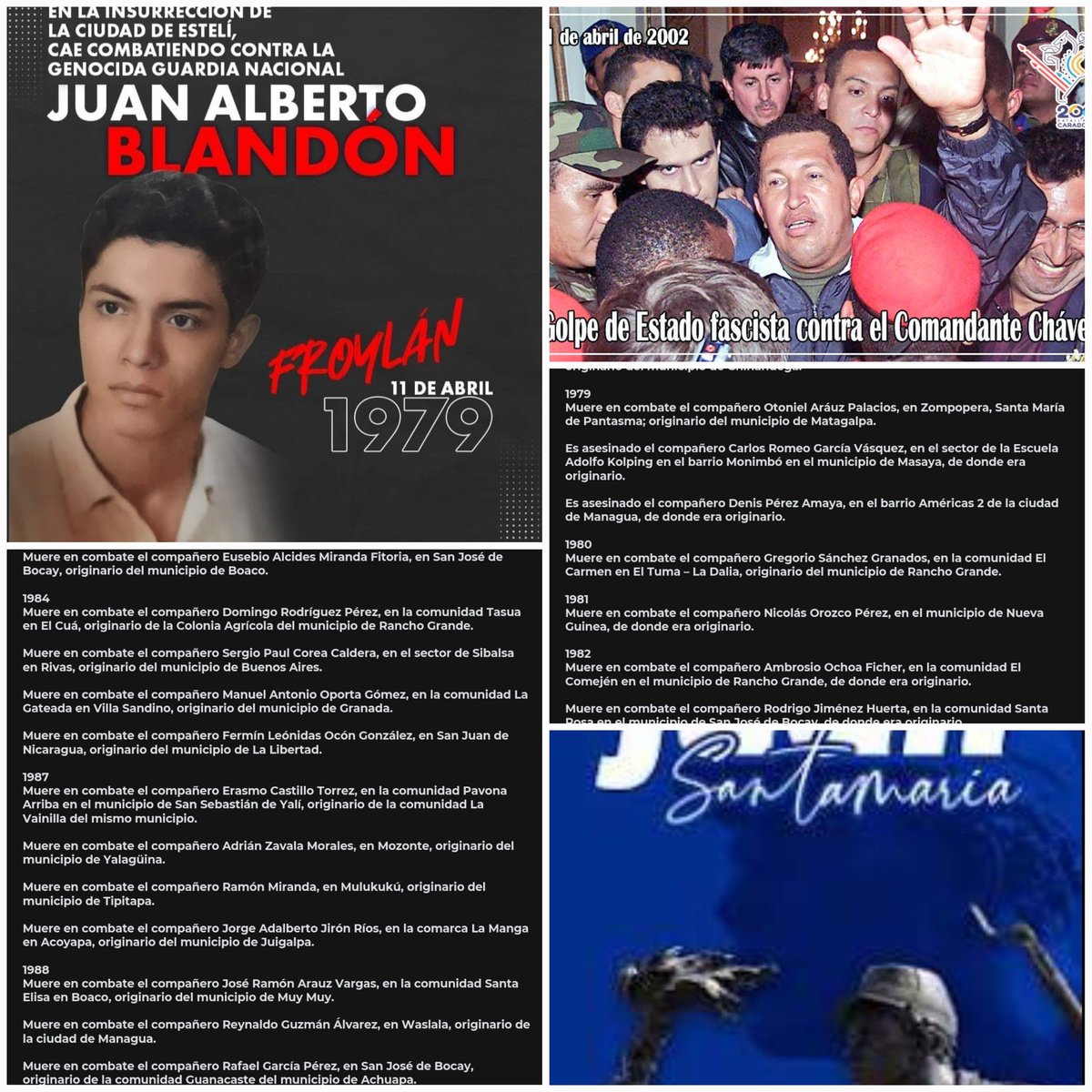 💥Efemérides 
11 Abril 1856

Muere en combate el soldado Juan Santamaría (costarricense), en un enfrentamiento contra los filibusteros en la II Batalla de Rivas, declarado Héroe Nacional Decreto No. 1123 de la JGRN 20 Octubre  1982.
1979
Muere combatiendo Juan Alberto Blandón