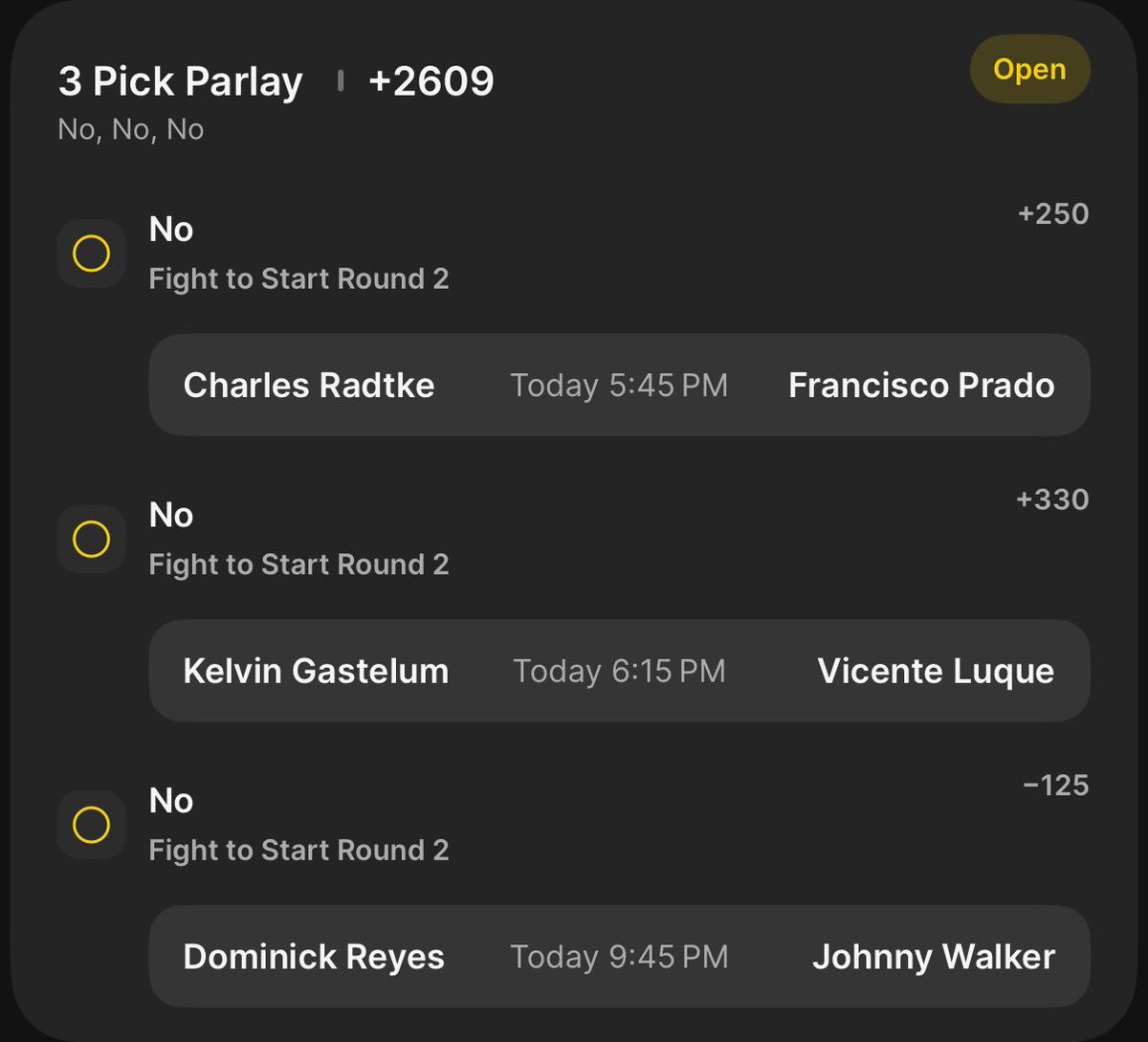 PaceBen7's tweet photo. #UFC327 Prelim Parlays

Fight Won’t Start R2 Parlay +2609 0.1u
Longshot Cycle Parlay +21350 0.1u
Sub Longshot +22300 0.1u
Sub Longshot 2 +42150 0.1u

only predicting 1 sub for this card but those lines are too big to pass up on https://t.co/FK03kkyRKS