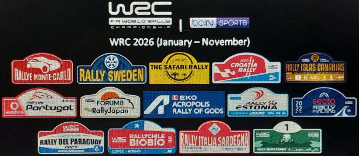 SimaF17070's tweet image. WRC 2026 🚗🏁 (beIN Sports) January - November
#WRC2026 #WorldRallyChampionship2026 #beINSportsID #beINSportsHD #beINSports #beINWRC