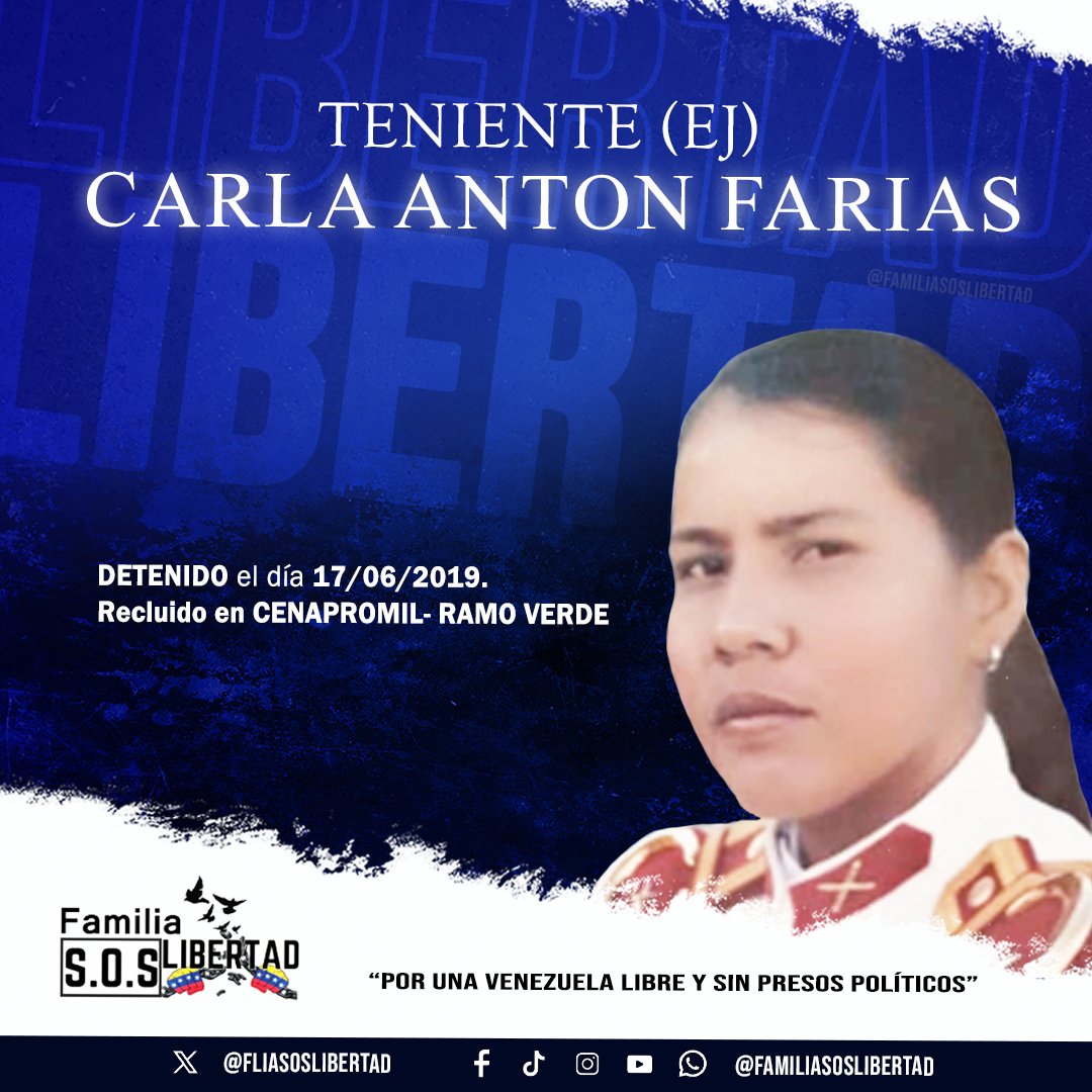 VR_VzlaLibre_3's tweet photo. LIBEREN a la Tte CARLA ANTON FARIAS
LIBERTAD para los presos políticos militares
#LiberenATodos
Venezuela https://t.co/8B14giGnb1