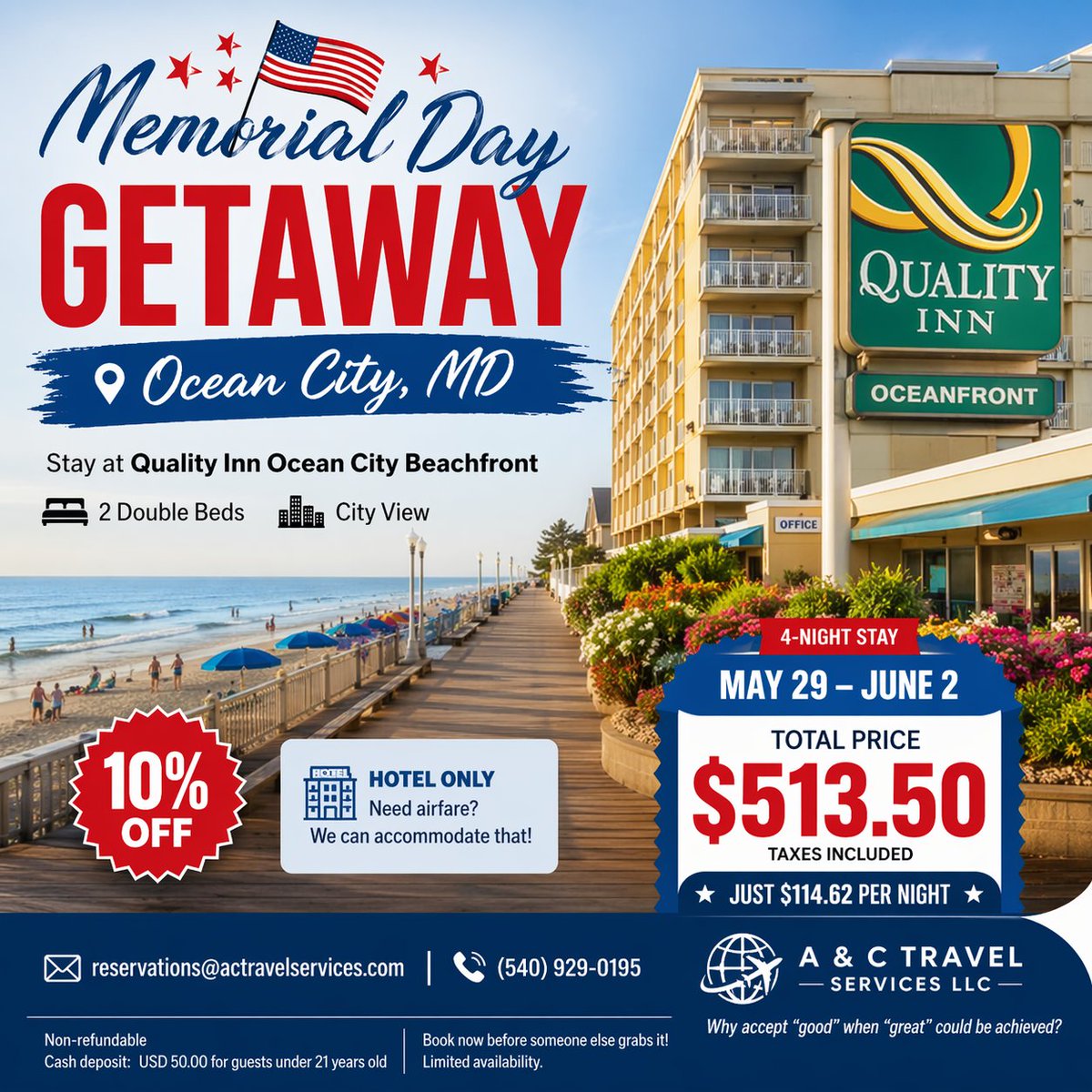 ACTRAVELSERVICE's tweet image. Memorial Day Deal! Ocean City, MD 🏖️
May 29–Jun 2 (4 nights)
Quality Inn Beachfront

💲$513.50 total
🔥 10% OFF

Hotel only (flights available)

📧 reservations@actravelservices.com

📱 540-929-0195

#TravelDeal #OceanCity #MemorialDay #actravelservices
wix.to/bOZ1TDs