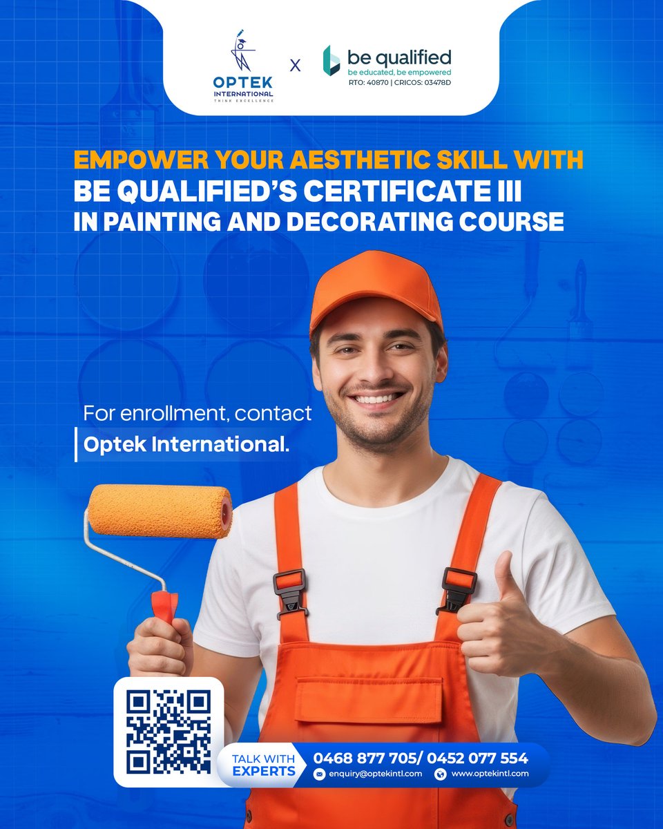 optekintl's tweet image. Be Qualified presents certificate III painting and decorating course.

Let your creativity shine.Ensure your future prosperity with the right course.

Contact Optek International for enrollment!

 optekintl.com

#optekinternational
#optekintl #opteksucess #BeQualified