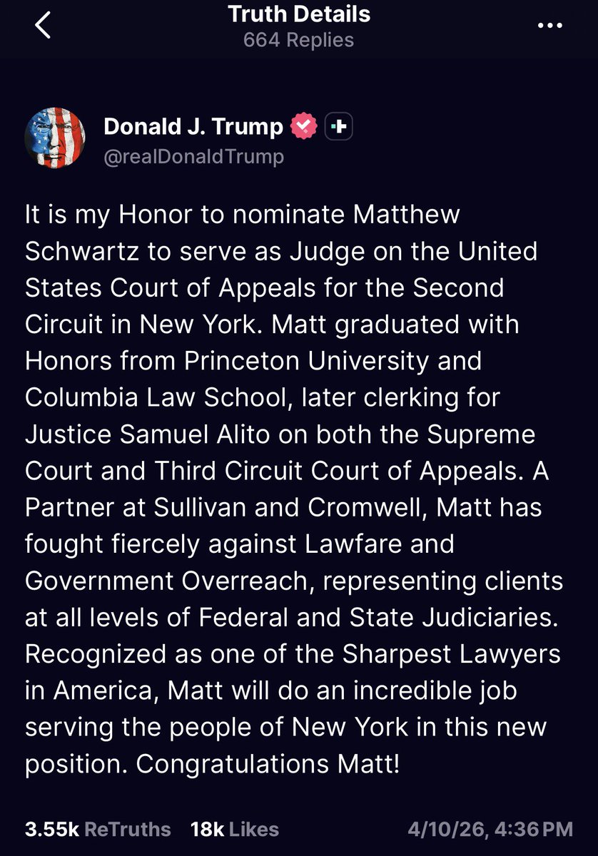 💥川普总统：我很荣幸提名马修·施瓦茨（Matthew Schwartz）担任纽约美国联邦第二巡回上诉法院法官。
马修以优异成绩毕业于普林斯顿大学和哥伦比亚大学法学院，随后曾在最高法院及第三巡回上诉法院担任塞缪尔·阿利托（Samuel Alito）大法官的法律助理。他目前是苏利文·克伦威尔律师事务所（Sullivan &amp;