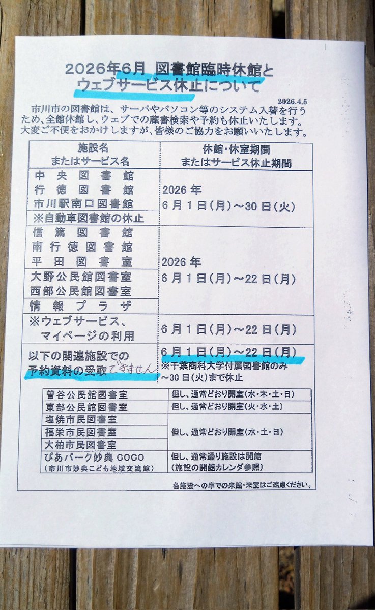 ６月は１か月間、市川市中央図書館や行徳、駅南が休館です。
借りるのも予約も、検索すらできないので、気をつけてください。
５月下旬に借りれば、延長の手続きなしに長く借りられると、前向きに考えます。
他にも長く休む図書施設が多く、臨時休館がないのは、紙の貸出券が使われているところです。