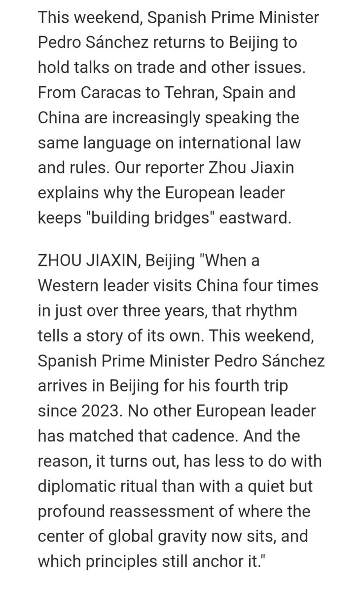 Pedro Sanchez has landed in China. How Chinese state media portrays the trip

"The reason, it turns out, has less to do with diplomatic ritual than with a quiet but profound reassessment of where the center of global gravity now sits, and which principles still anchor it."