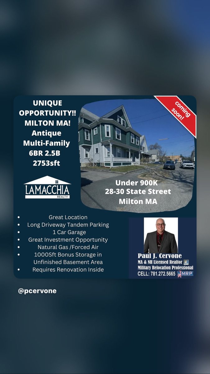 ptwit615's tweet image. COMING SOON 🔜 TO #miltonma #LamacchiaRealty #paulcervonerealtor #comingsoonwithpaulcervone #multifamilyinvesting #multifamily