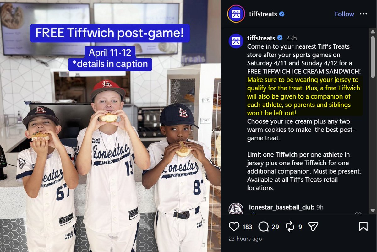 Pricerrors's tweet image. FREE ICE CREAM SANDWICHS @ TIFF'S THIS WEEKEND 🍨

Wear your jersey after any game In-store this weekend only.

"PLUS a free Tiffwich will also be given to a companion of each athlete, so parents and siblings won’t be left out!"

Available at all Tiff’s Treats retail locations.