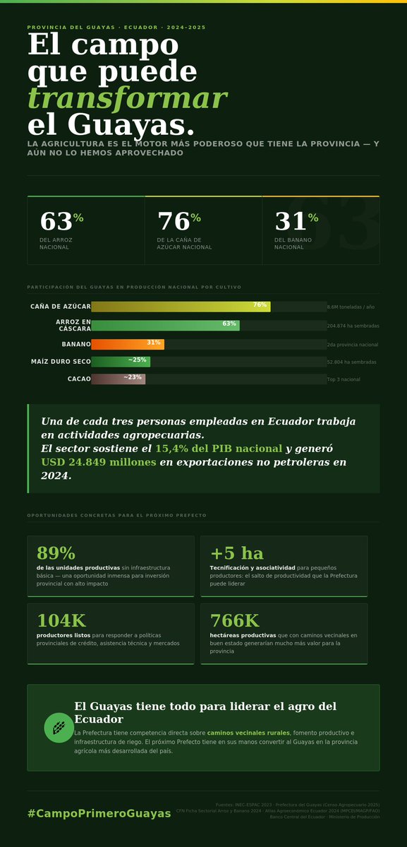 El Guayas produce el 63% del arroz, el 76% de la caña de azúcar y el 31% del banano del Ecuador.
104.237 productores. 766.000 hectáreas cultivadas.
El próximo Prefecto tiene en sus manos el agro más poderoso del país. Que sepa aprovecharlo.
#CampoPrimeroGuayas