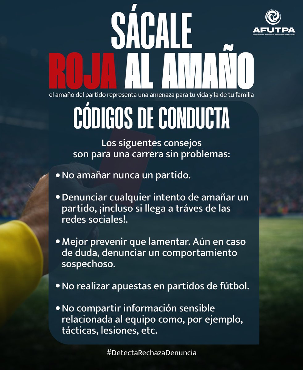 𝐒𝐀́𝐂𝐀𝐋𝐄 𝐑𝐎𝐉𝐀 𝐀𝐋 𝐀𝐌𝐀𝐍̃𝐎 🟥

El amaño de partidos puede destruir tu carrera profesional, incluso de forma prematura. No solo implica perder credibilidad ante clubes, compañeros y fanáticos, sino también manchar tu nombre de manera irreversible.

Más allá de las