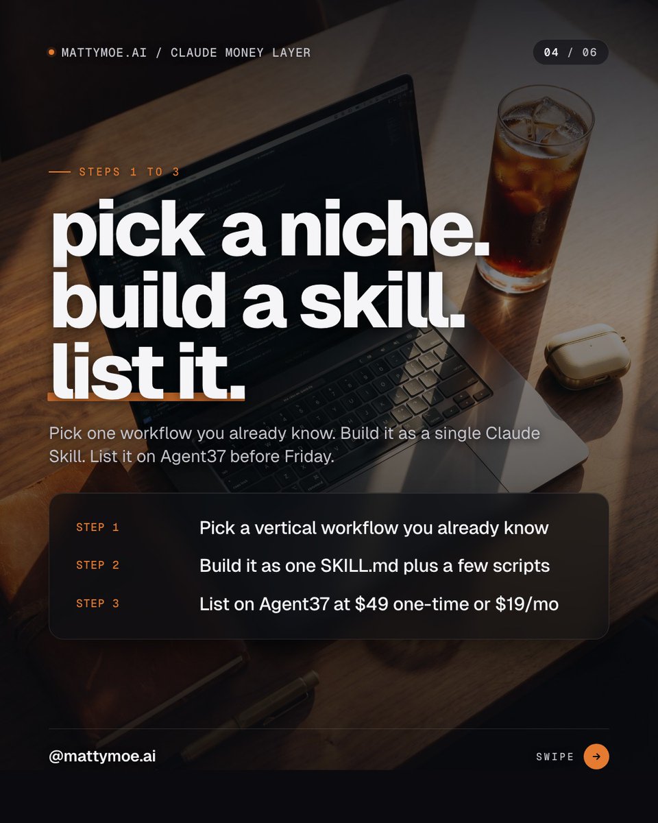 Mattymoeai's tweet photo. claude just shipped its money layer. managed agents launched april 8. the marketplace is empty. one creator claims $369k from 10 skills. build one this week, list on agent37, keep 80% via stripe. first movers own the niche. https://t.co/oKXX9eD7Wx