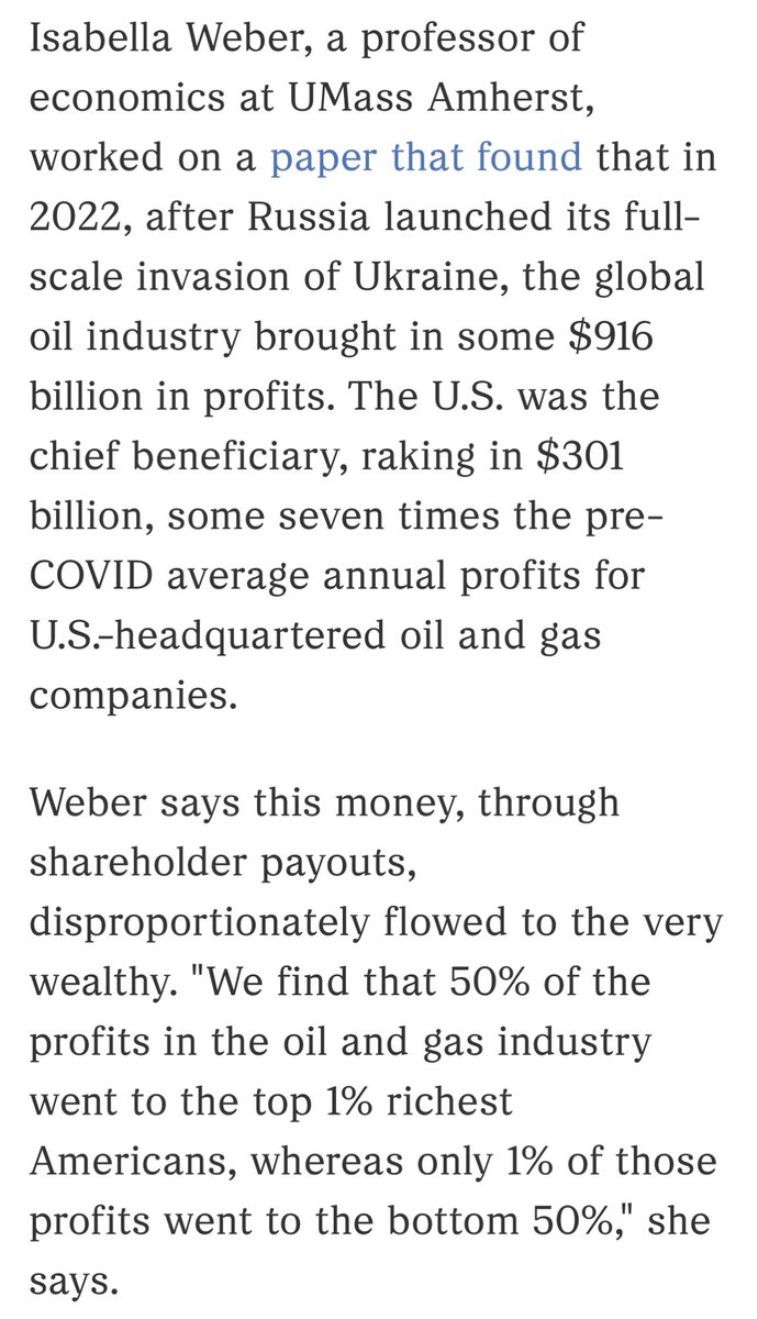 IsabellaMWeber's tweet photo. Fossil fuel price shocks are redistribution shocks. The rich reap the windfall profits and the many are burdened by cost. 

“We find that 50% of the profits in the oil and gas industry went to the top 1% richest Americans, whereas only 1% of those profits went to the bottom 50%.”

Great to see our research covered by @NPR!