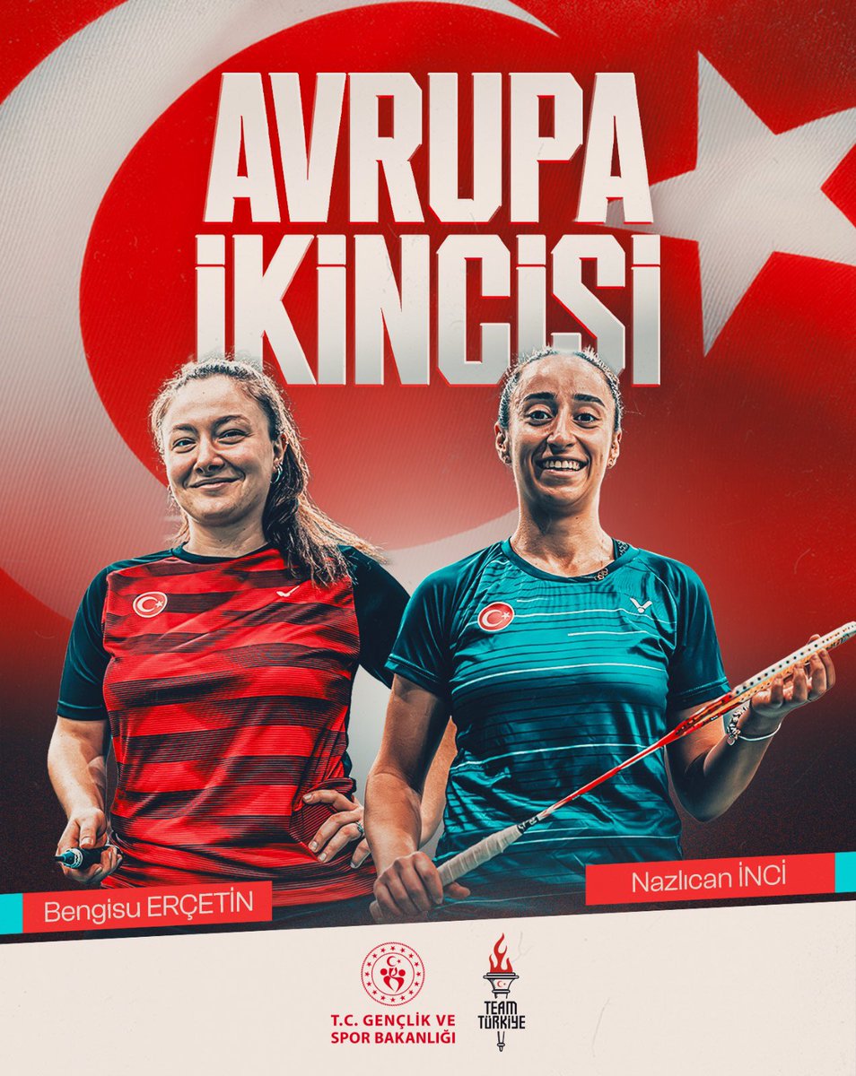 TeamTurkiye's tweet photo. 🥈🥉Badminton'da çifte madalya!

🏸Milli badmintoncularımız İspanya'da düzenlenen Avrupa Badminton Şampiyonası'nda bir gümüş ve bir bronz madalya elde ederken tarihimizin en büyük başarısını yakaladı.🇹🇷

🥈Çift kadınlarda ülkemizi temsil eden Bengisu Erçetin & Nazlı İnci ikilisi, gümüş madalya elde ederek Avrupa şampiyonaları tarihinde en iyi derecemizi aldı. Bengisu & Nazlı çifti, 2024 yılında da bronz madalya elde etmişti.👏🏻

🥉Teklerde mücadele eden Neslihan Arın da, bronz madalya kazanarak 4. kez Avrupa üçüncüsü olarak kürsüye çıkmayı başardı.👏🏻