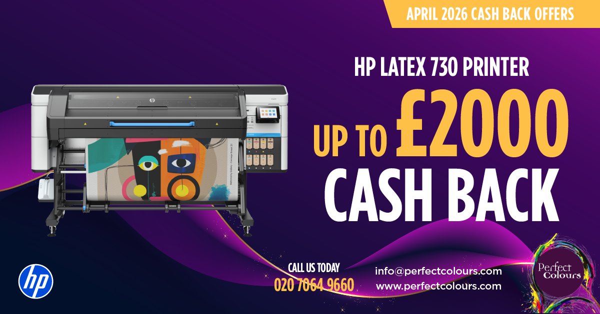 perfectcolours's tweet image. Here's another amazing April deal: order a new @HPUK Latex 730 printer before the end of the month and claim up to £2,000 cash back. 

Call the sales team for more information - 020 7064 9660 

#wideformat #printer