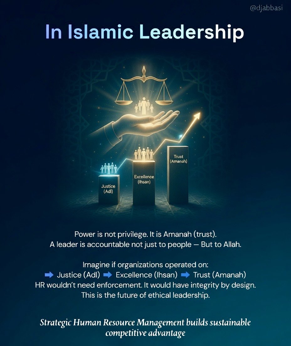 djabbasi's tweet image. Future of Ethical Leadership!

#IslamicLeadership #EthicalLeadership #Amanah #Ihsan #Adl #HumanCapital #Leadership #WorkplaceEthics #HRPhilosophy #PakistanHR